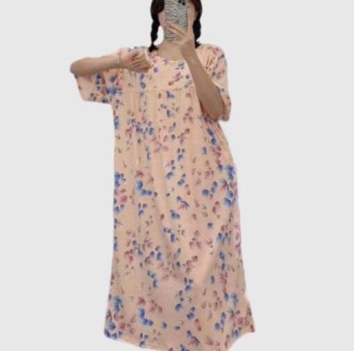 پیراهن نخی گلبه ای با طرح برگ
